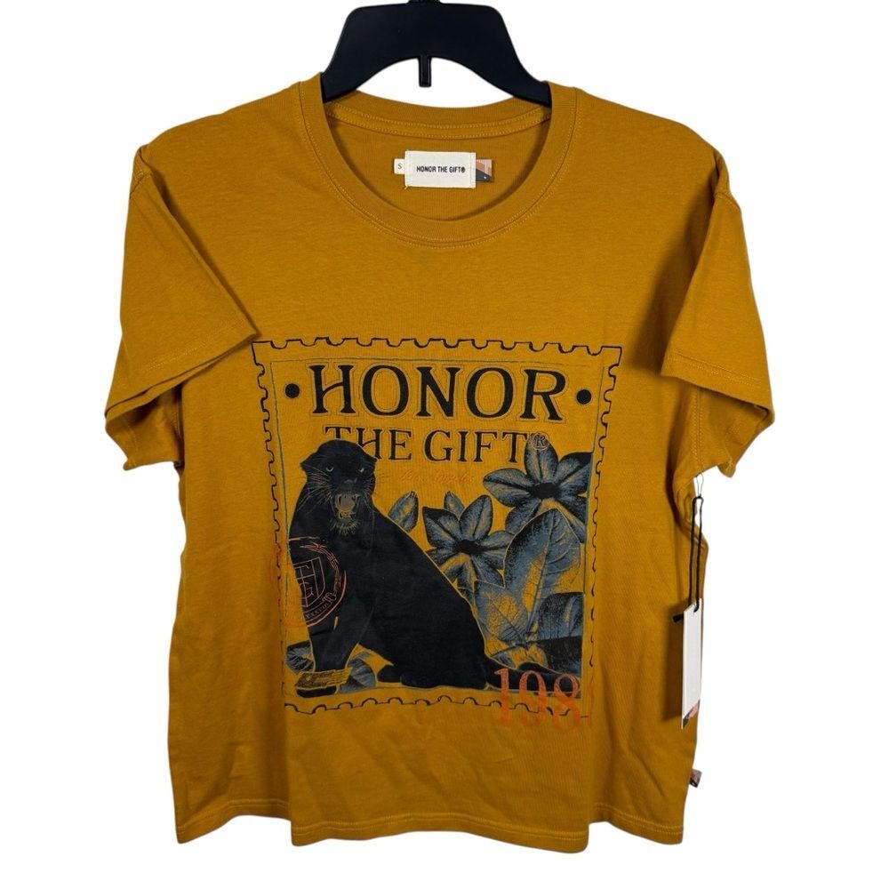 NWT Honor The Gift Mustard Colored Panther Stamp Graphic Tee Size Small